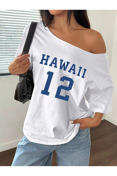 MANCY Tricou oversize 100% bumbac cu decolteu barcă cu imprimeu Hawaii