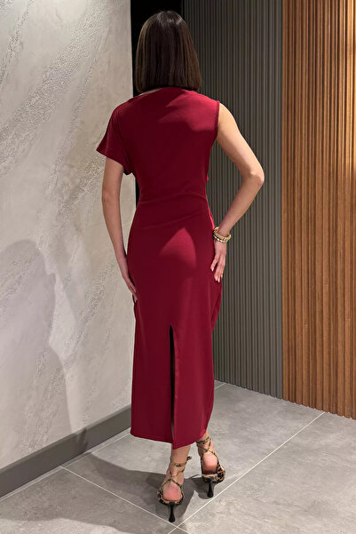 GÜLSELİ Burgundy Slit Waist Draped Women's Dress