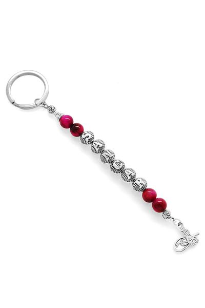 Tesbihane Tarnish-Free Metal Name Written Fuchsia Tiger Eye Natural Stone & Steel Combination Keychain