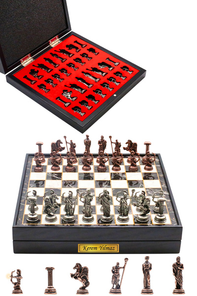 Cooper Chess Kutulu Kişiye Özel Hediyelik Bronz Metal Satranç Takımı | 25cm Mermer Desenli | Mitolojik Roma Okçu