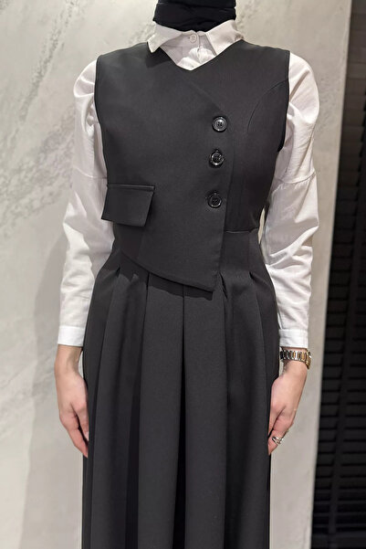 julude Black Women's Button Detailed Pleated Hijab Gilet Dress