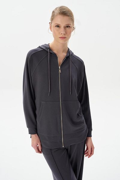 KADRİYE BAŞTÜRK Modal Knitted Hooded Oversize Cardigan Smoked