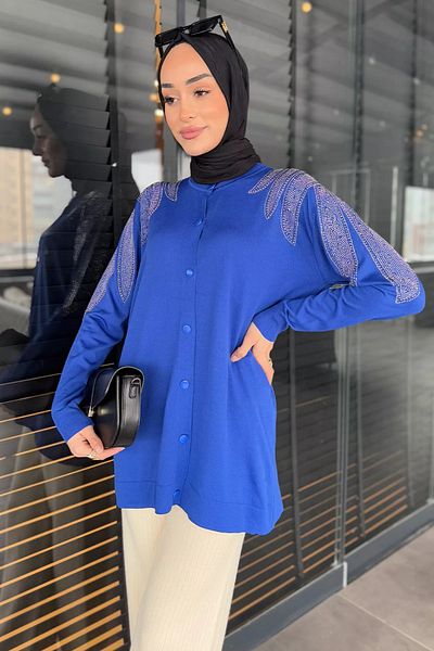 julude Ζακέτα πλεκτό Hijab με κεντημένο κουμπί σε μπλε πέτρα