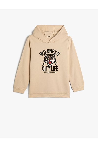 Koton Hooded Sweat Tiger Printed Long Sleeve Ribbon