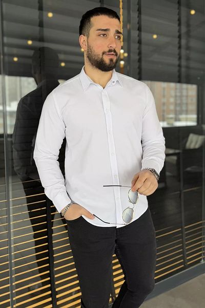 MİSHAR İTALİA Λευκό ανδρικό μακρυμάνικο πουκάμισο με κουμπωτά μπροστά