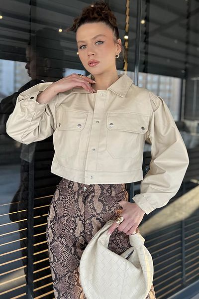 GÜLSELİ Stone Women's Double Pocket Snap Crop Top Faux Leather Jacket