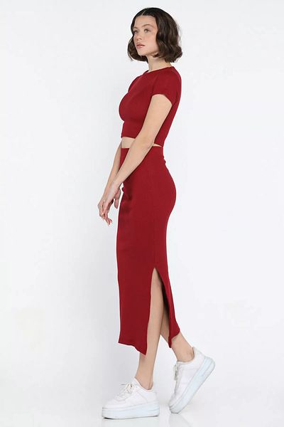 GÜLSELİ Burgundy Crew Neck Midi Length Lycra Slit Camisole Women's Double Suit