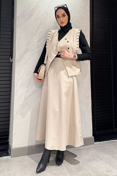 julude Μπεζ γυναικείο βολάν γιλέκο φούστα Hijab διπλό σετ