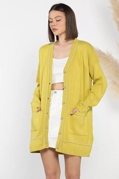 GÜLSELİ Oil Green Women's Double Pocket Striped Front Buttoned Knitwear Cardigan
