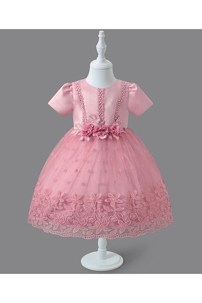 Mark & Mia Mark & Mia Floral Embroidered & Pearl Embellished Short Sleeves Party Frock - Pink