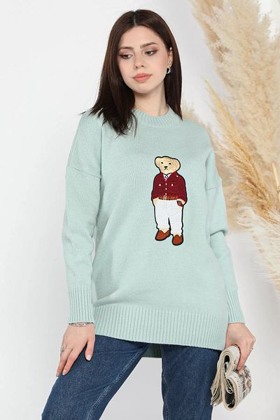 GÜLSELİ Mint Appliqued Bear Women's Knitwear Sweater