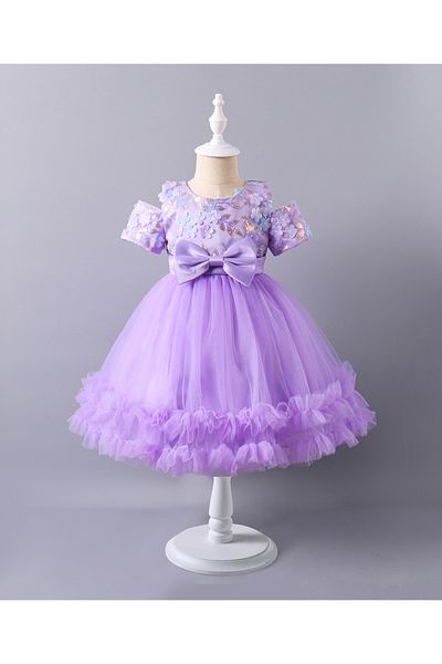 Mark & Mia Mark & Mia Bow Detailed & Floral Sequins Embellished Cold Shoulder Tulle Dress - Purple