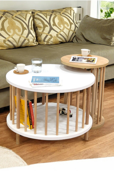 PEKA İkili Set Yuvarlak Orta Sehpa Ahşap Ayaklı Sehpa Iki Raflı Sehpa Dekorat...