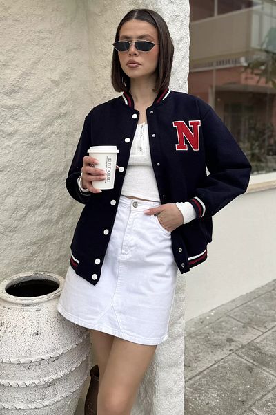 GÜLSELİ Γυναικείο μπουφάν Navy Blue με λεπτομέρεια μπροστινό κολεγιακό μπουφάν