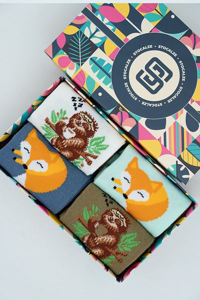 STOCALZE Unisex Cotton Fox Koala Special Patterned 4 Different Colored Flexible Anti-Sweat Comfortable Socks
