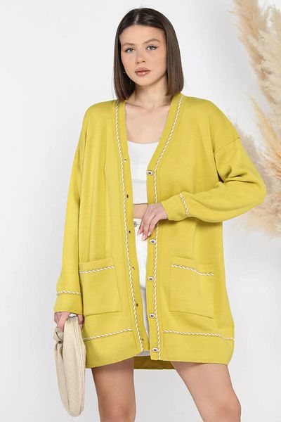 GÜLSELİ Oil Green Women's Double Pocket Striped Front Buttoned Knitwear Cardigan