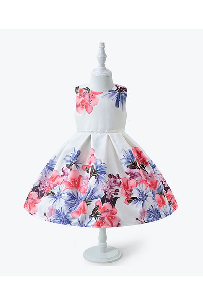 Mark & Mia Mark & Mia Floral Printed Pleated Party Dress with Tie Knot Bow Detailing - White