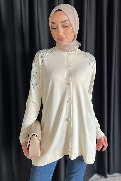 julude Cardigan tricotat hijab cu nasturi brodat cu piatră crem
