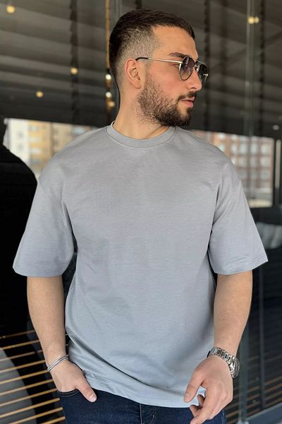 MİSHAR İTALİA Γκρι ανδρικό μπλουζάκι με λαιμόκοψη Basic Oversize