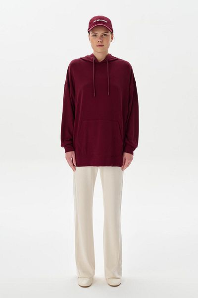 KADRİYE BAŞTÜRK Modal Knitted Hooded Oversize Sweatshirt Claret Red