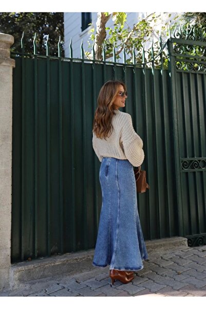 Purple by Banu Mavi Taşlamalı Balık Model Jean Etek