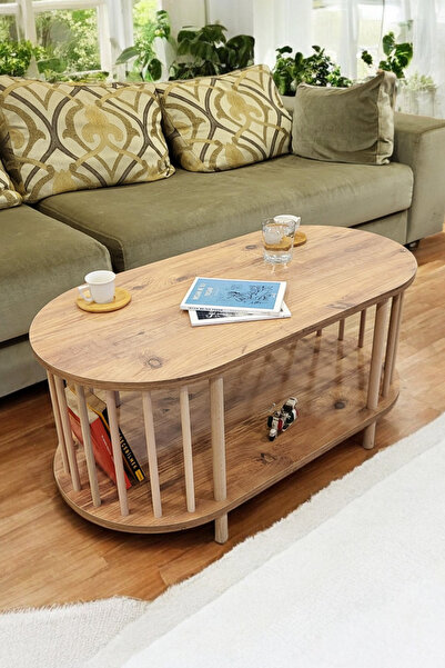 PEKA Orta Sehpa Ahşap Ayaklı Sehpa iki Raflı Sehpa Dekoratif Sehpa Gazetelikli