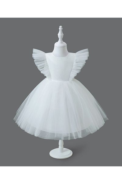 Mark & Mia Mark & Mia Frill Sleeves Knee Length Solid Party Frock - White