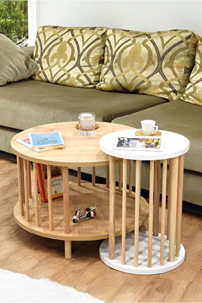 PEKA İkili Set Yuvarlak Orta Sehpa Ahşap Ayaklı Sehpa Iki Raflı Sehpa Dekorat...