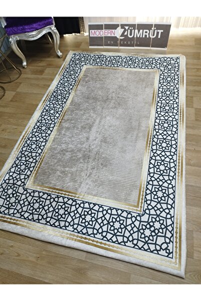 Zümrüt Ev Tekstil Lastikli Süngerli Kaymaz Halı Örtüsü Modern Desen Leylin Vizon Renk