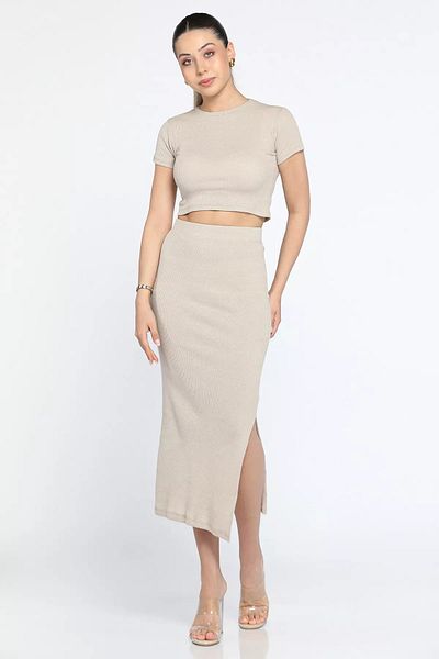 GÜLSELİ Beige Crew Neck Midi Length Lycra Slit Camisole Women's Double Suit