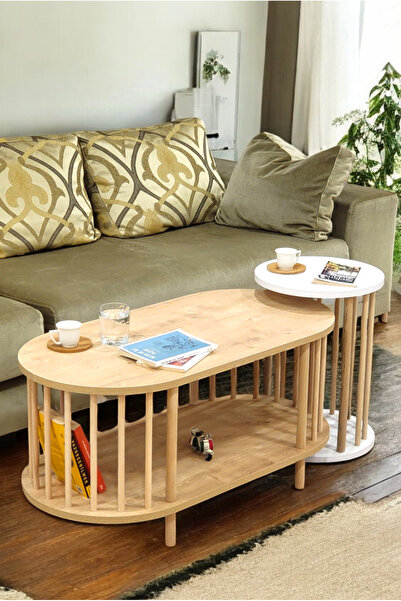 PEKA İkili Set Orta Sehpa Ahşap Ayaklı Sehpa iki Raflı Sehpa Dekoratif Sehpa ...