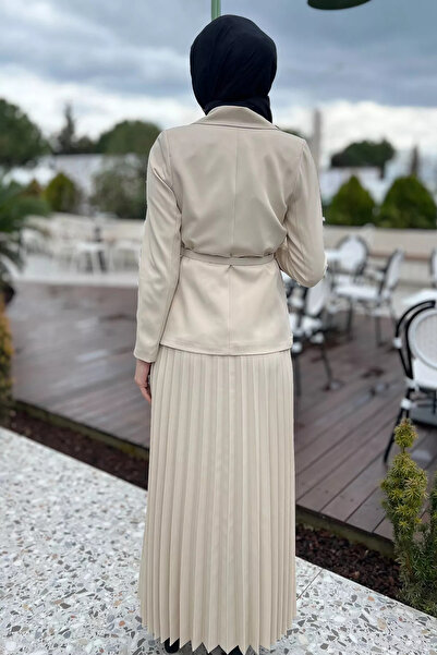 julude Beige Women's Belt Accessory Blazer Jacket Skirt Hijab Double Set