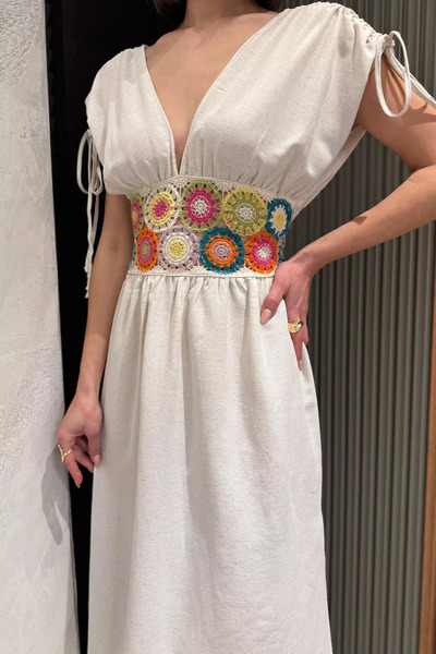 GÜLSELİ Women's Embroidered Dress with Stone Back and Chest Low-Cut Elastic Waist