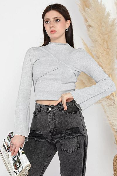 GÜLSELİ Γκρι γυναικεία Crop Top μπλούζα με ριγέ γιακά