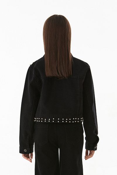 Fulla Moda Дънково яке с двоен джоб и перли за момичета