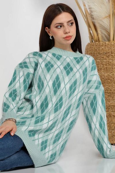 GÜLSELİ Mint Crew Neck Diamond Pattern Women's Knitwear Sweater