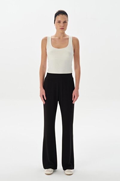 KADRİYE BAŞTÜRK Modal Knitted Ribbed Flare Trousers Black