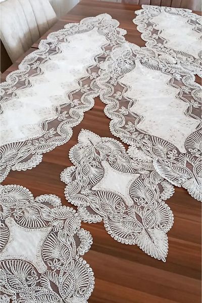 Çt Çeyizci Tekstil Velvet Living Room Set - 5 Piece Lacy Table Cover Runner Set