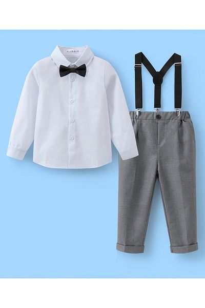 Mark & Mia Mark & Mia Shirt with Bow Tie and Pair of Pants with Suspenders Party Suit Set - White and Grey
