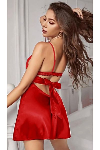 MODELLİFE Cămașă de noapte roșie sexy din satin - detaliu cu bretele legate, dantelă și fante pe spate