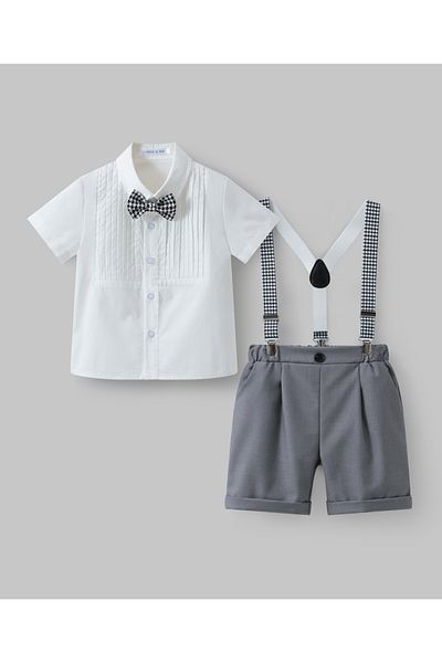 Mark & Mia Mark & Mia Solid Short Sleeves Shirt & Shorts Party Set with Bow & Suspenders - Grey & White