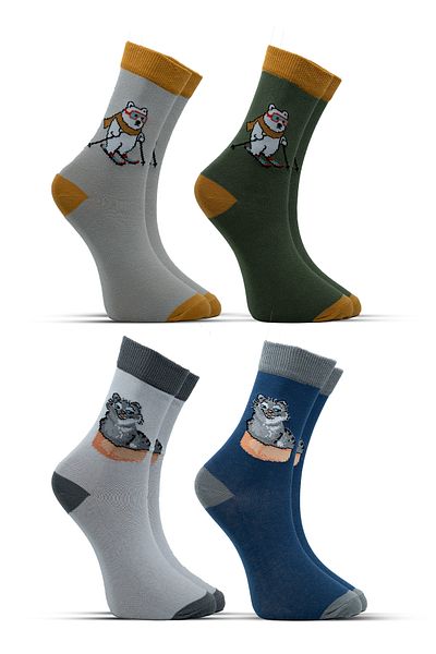 STOCALZE Unisex Cotton Cat and Bear Special Patterned 4 Different Colored Flexible Anti-Sweat Comfortable Socks