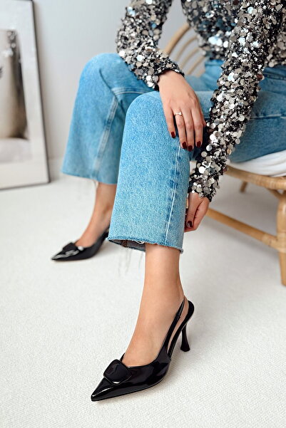 POLKA STORE Whirl Buckle Detailed Pointed Toe Back Open Stiletto Evening Dress Heels Women's Shoes