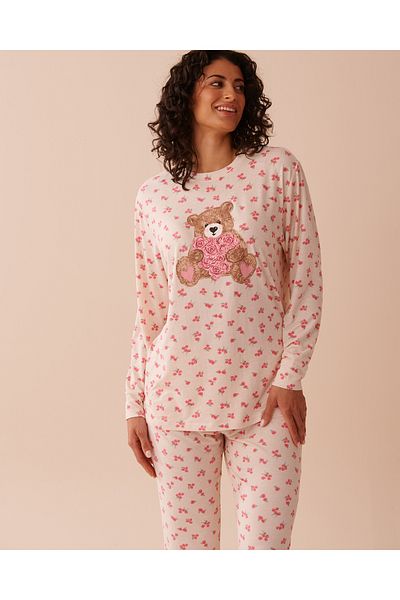 La Vie en Rose Teddy Bear and Rose Print Super Soft Long Sleeve Shirt