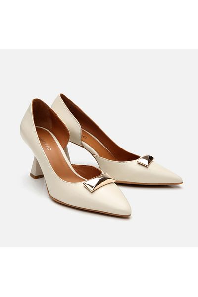 Hotiç Women's Leather Ecru Medium Heeled Stiletto