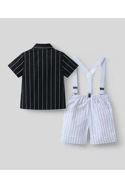 Mark & Mia Mark & Mia Short Sleeve Striped Shirt and Pair of Shorts with Suspenders Party Set - White and Black