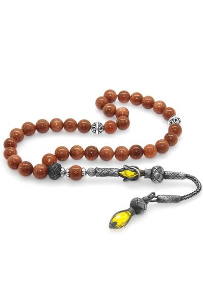 Tesbihane Ασημένιο 1000 καρατίων Kazaz με φούντα σε σχήμα σφαίρας, κομμένο καφέ αστέρι, πέτρα από φυσική πέτρα, χάντρες προσευχής