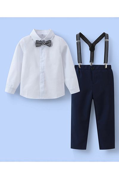 Mark & Mia Mark & Mia Shirt with Bow Tie and Pair of Pants with Suspenders Party Suit Set - White and Navy Blue