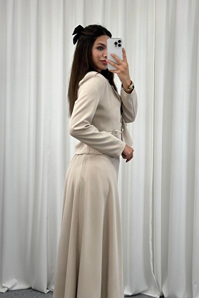 Serica Moda Stone Bow Detailed Jacket Skirt Set