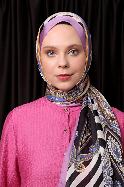 Levidor Lila Çizgili Hint İpeği Şal